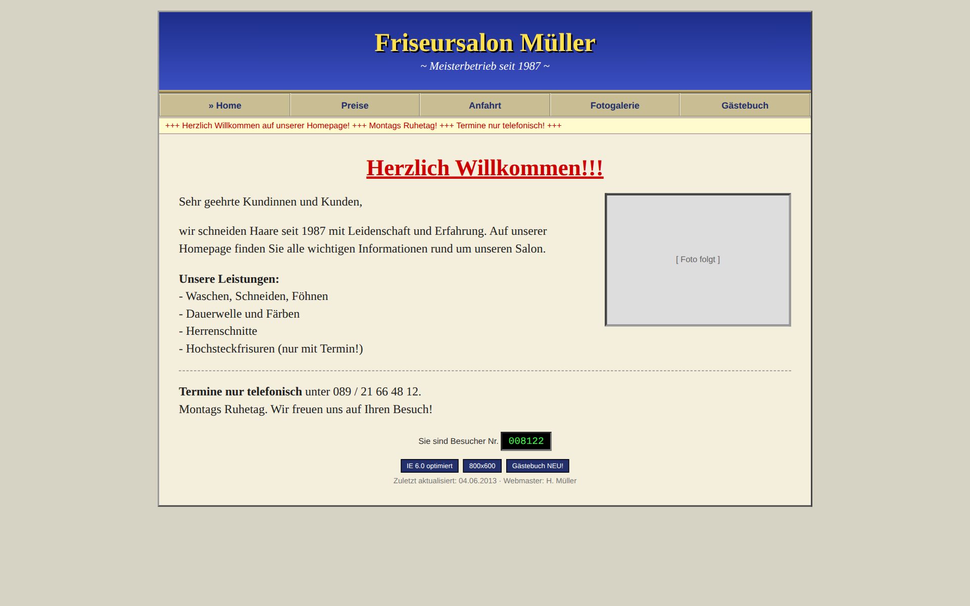 Veraltete Website des Friseursalons